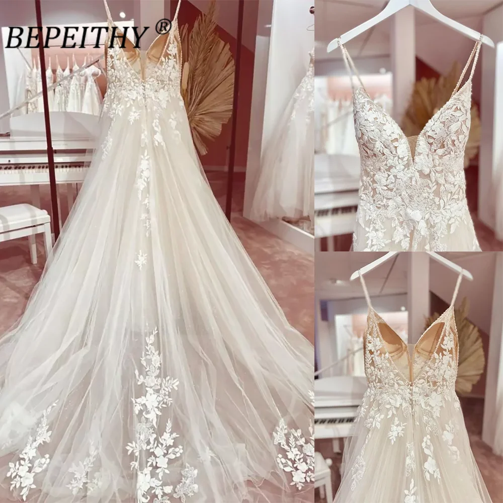 BEPEITHY-vestido de novia bohemio personalizado con cuello de pico y espalda descubierta, cola de barrido para mujer, elegante vestido de fiesta nupcial de encaje de línea A 2023