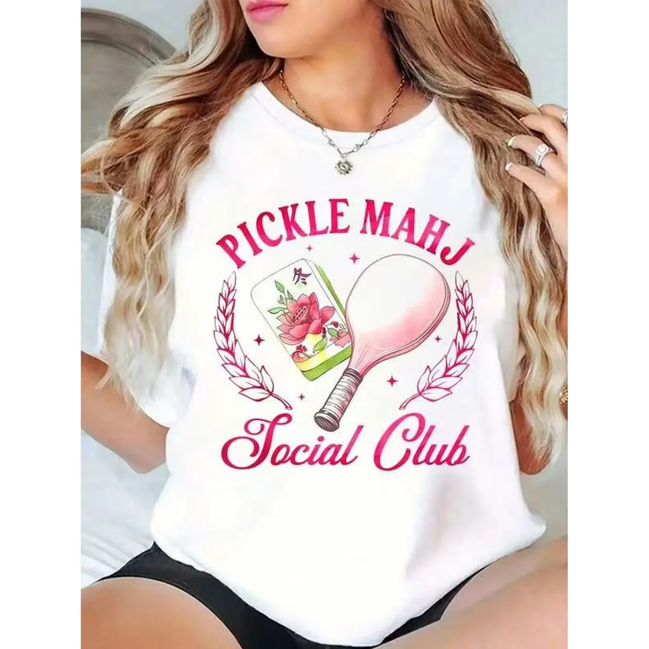100% Cotton Pickleball & Mahjong Lover Funny Pickle Mahj Social Club T-Shirt Women Graphic T-Shirt Cotton Print Short Sleeve Casual Top, Summer Tee Wo