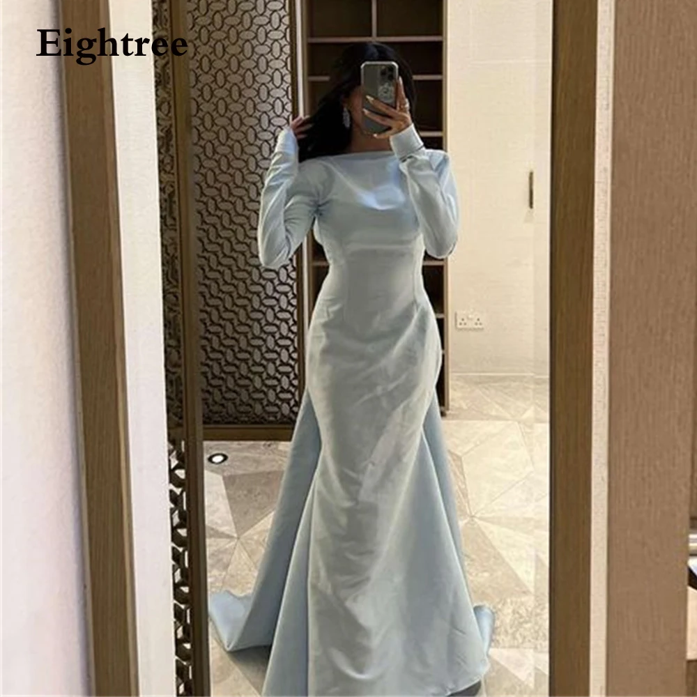 

Eightree Sky Blue Prom Dresses Vintage Mermaid Stain Pleat Long Sleeves Backless Evening Dress Robe De Soirée Party Grown 2023