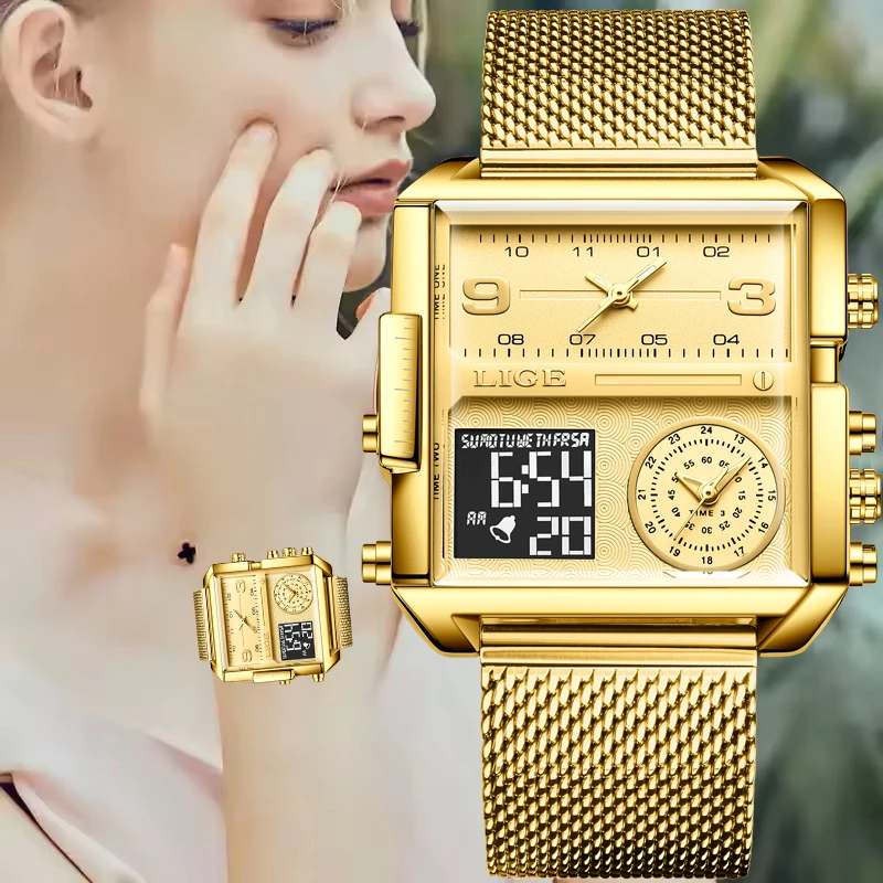 LIGE Gold Ultra Thin Mesh Women's Bracelet Watch Creative Square Digital Watch for Women Waterproof Watch Femme Relogio Feminino