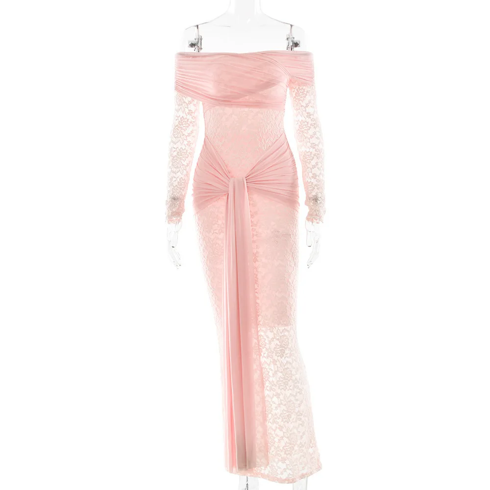 Apprabant 2025 outono inverno renda malha pura fora do ombro maxi vestido feminino manga longa magro bodycon elegante vestido sexy partywear