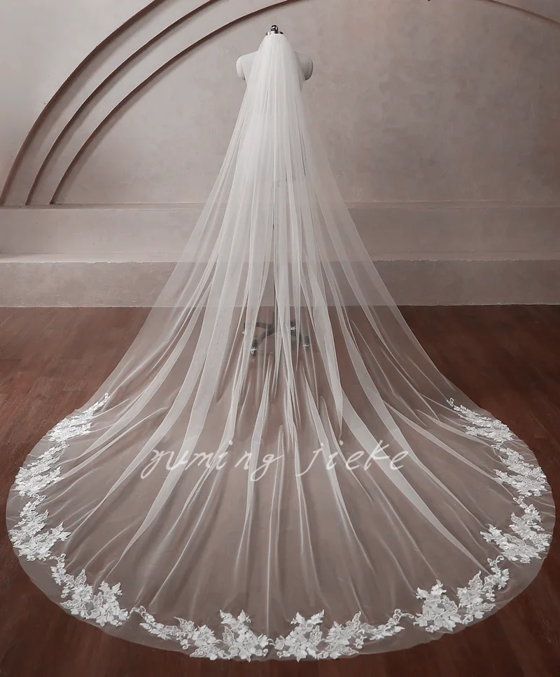 

Lace Applique with Sequined Bridal Veil Cathedral Length Wedding Veil