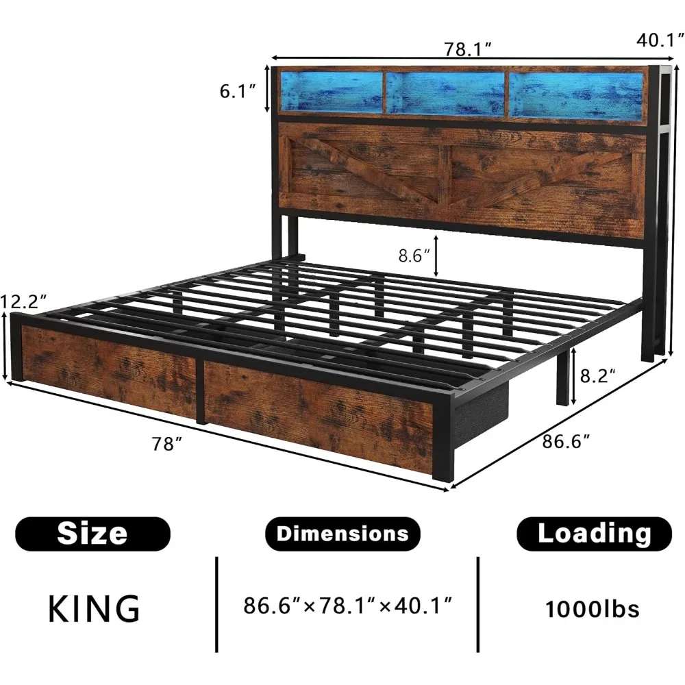 Struttura letto king size per fattoria con testiera libreria, cassetti portaoggetti, luci a LED e stazione di ricarica: nessuna scatola di molle richiesta