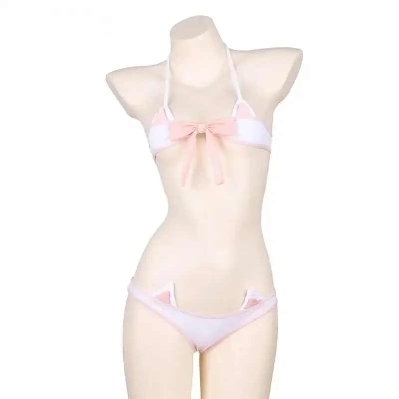 Anime Lolita Pink Bow Mini Bikini Women Set Bandage Pajamas Kawaii Cat Ears Plaid Underwear Panties Women Sweet Pink Lingerie