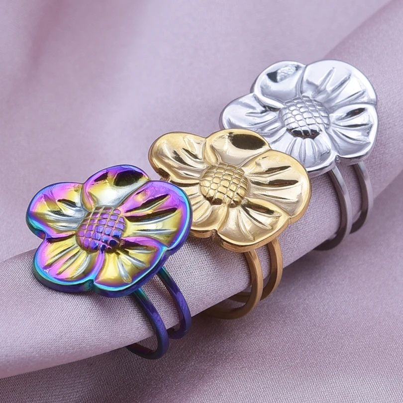 Plant Jewelry Fashion Leaf Flower Ring Open Adjustable Stainless Steel Rings For Women Men Bague Acier Inoxydables Femme Party