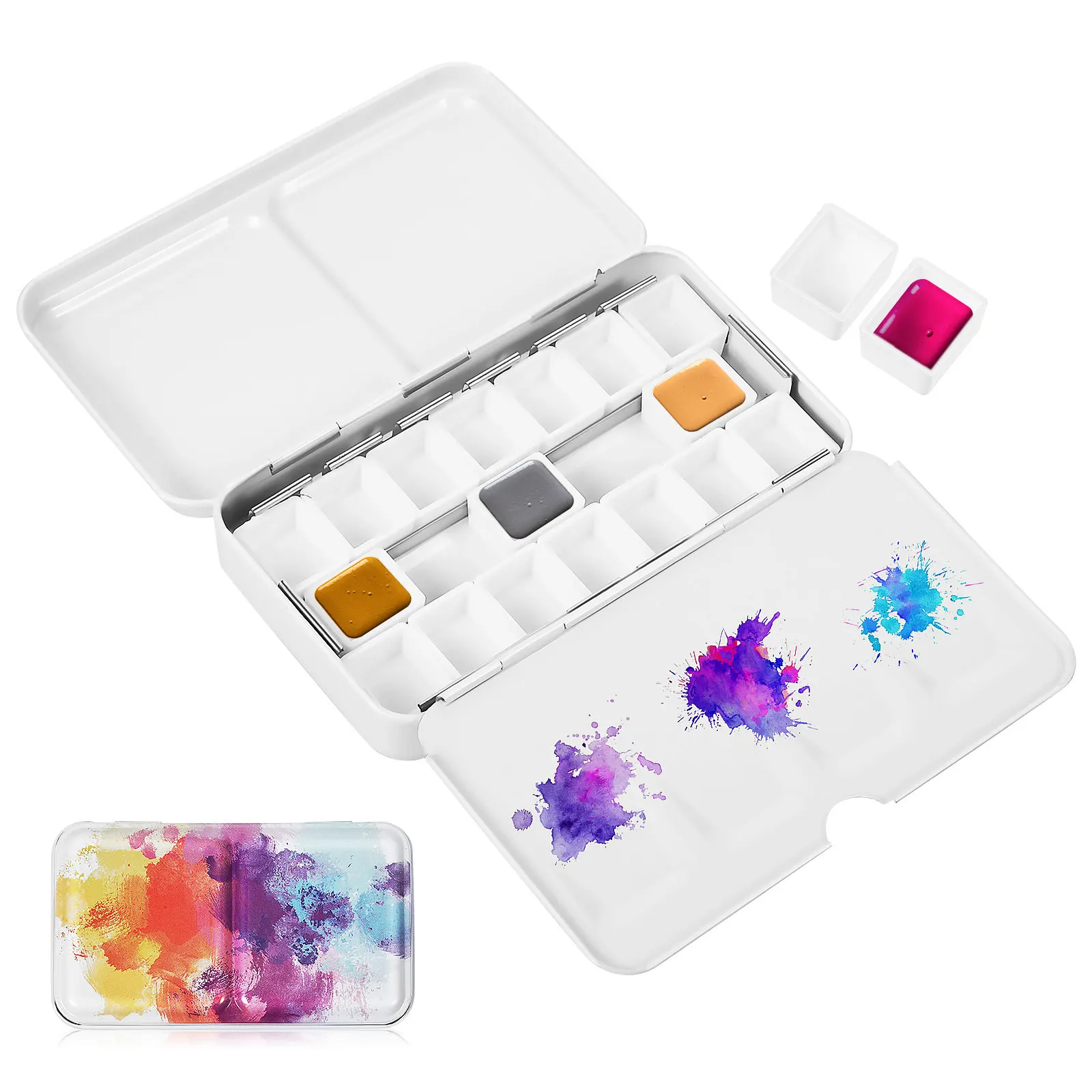1Set Watercolor Tin Metal Empty Palette Box with Grids for Organizing Half Pans Portable Mixing Tray Travel Painting Pigment
