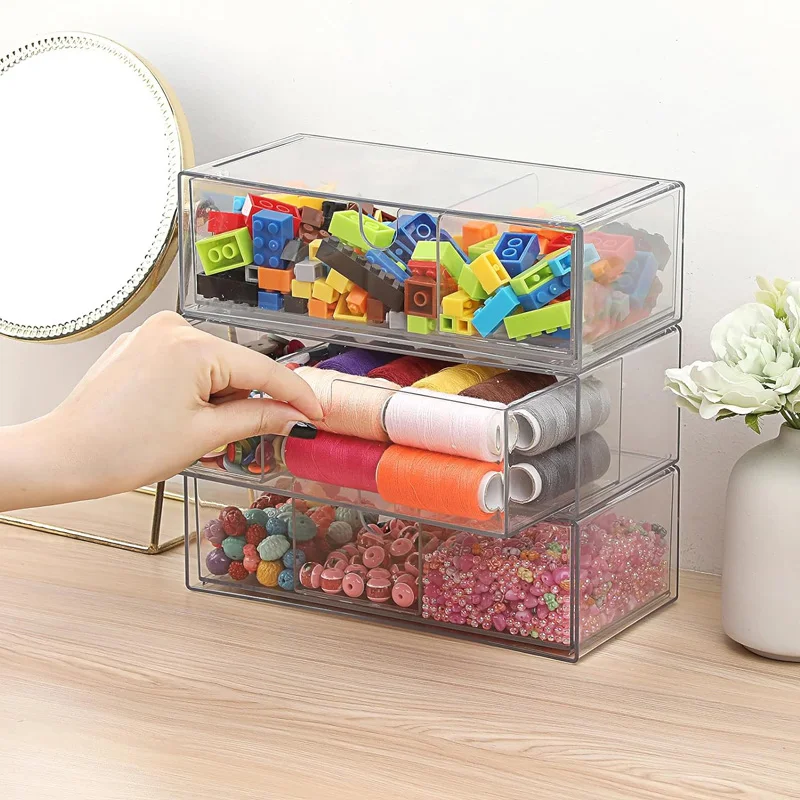 Pull-out mirror cabinet organizer with removable dividers, transparent sliding drawer & stackable structure. Suitable for bathroom, desk, counter, cabinet and office, great for cosmetics, makeup and stationery view 2
