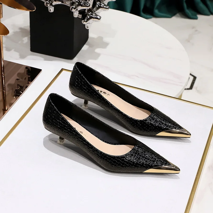 Women Pumps High Heels Style Women'ss Look Slim Thin With A Mid Heel And Shallow Mouth Metal Pointed Iron Head Single Shoeswoman