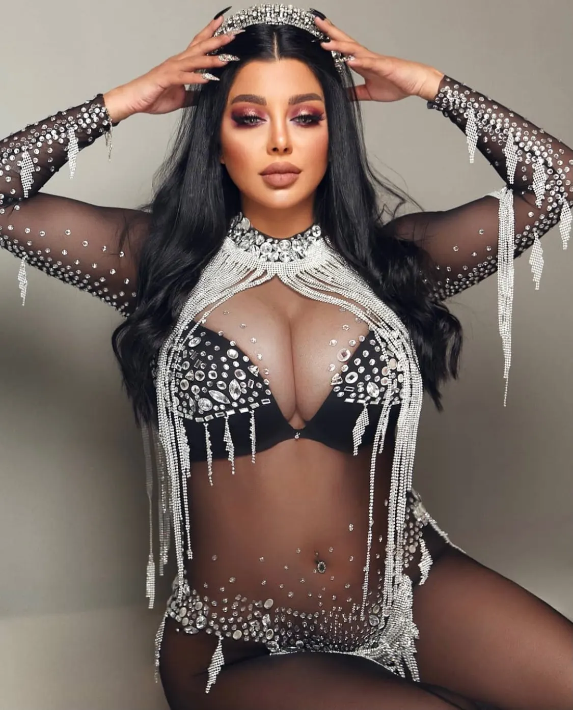 Heiyin Elegant Luxury Rhinestone Tassel Jumpsuit Women Evening Prom Dress for Host Stage Performance Birthday Party Ball Gown