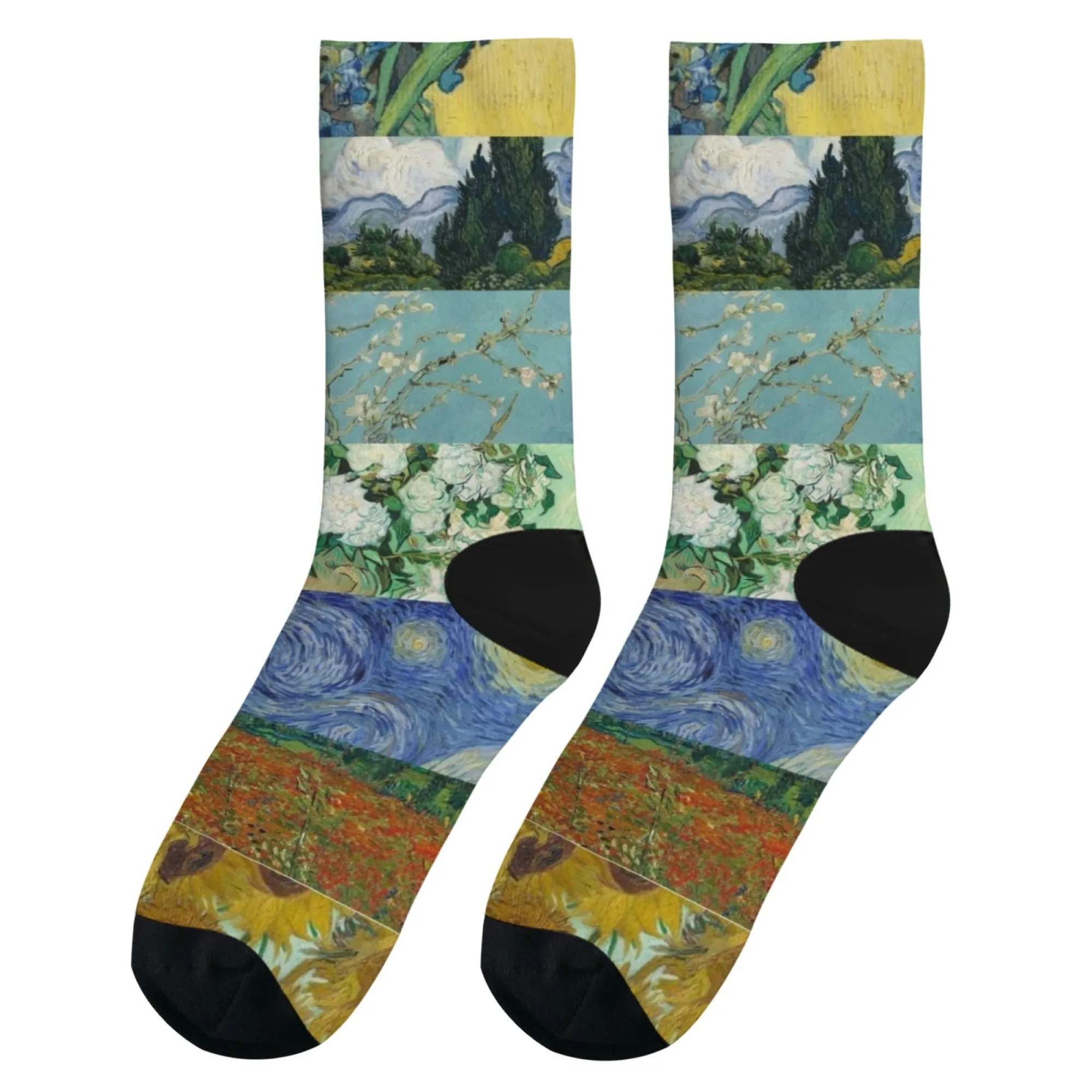 جوارب منتصف الساق مستوحاة من فان جوخ للجنسين مع أنماط عباد الشمس ليلة القزحية المرصعة بالنجوم طعم عرض فني عصري