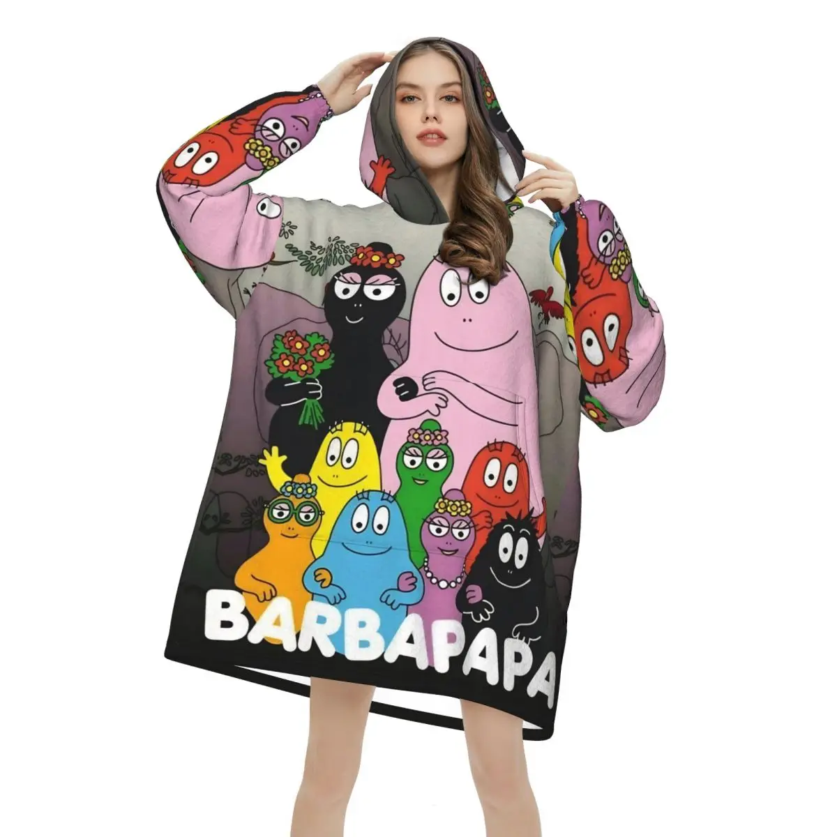 

Kawaii Barbapapa Cartoon Oversized Blanket Hoodie Sweatshirt Long Fleece Hooded Wearable Blanket with Large Pocket for Women Men