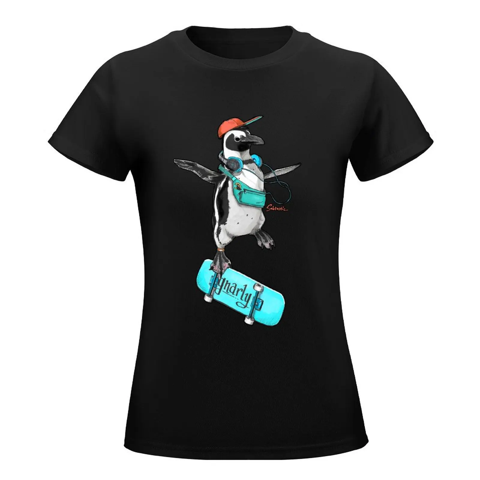 Gnarly Skater Penguin T-Shirt Female clothing cute tops anime clothes summer blouses woman 2024