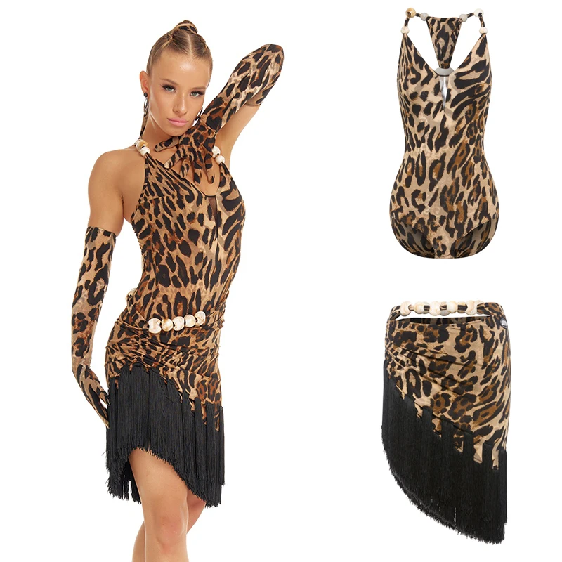 

Женский костюм для латинских танцев самбы для взрослых, одежда для латинских танцев Чача Румба, сексуальный леопардовый топ для латинских танцев, юбка с наклонными кисточками, SL13637
