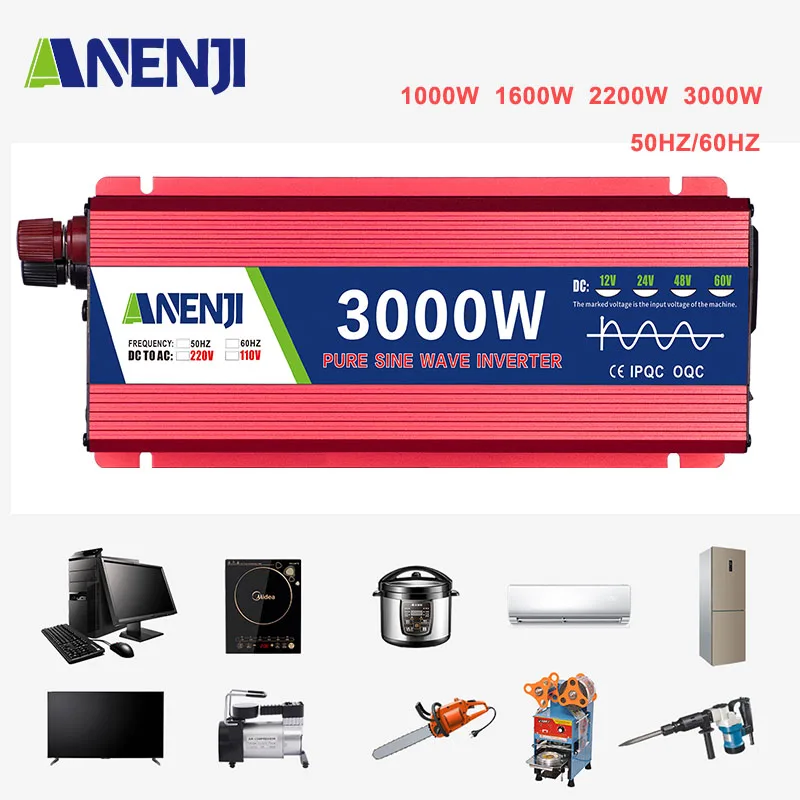 Pure Sine Wave Power Inverter 3000w/2200w/1600w/1000w LED Car Inverter 12V 24V to 220V AC Voltage Converter Car Micro Inverter