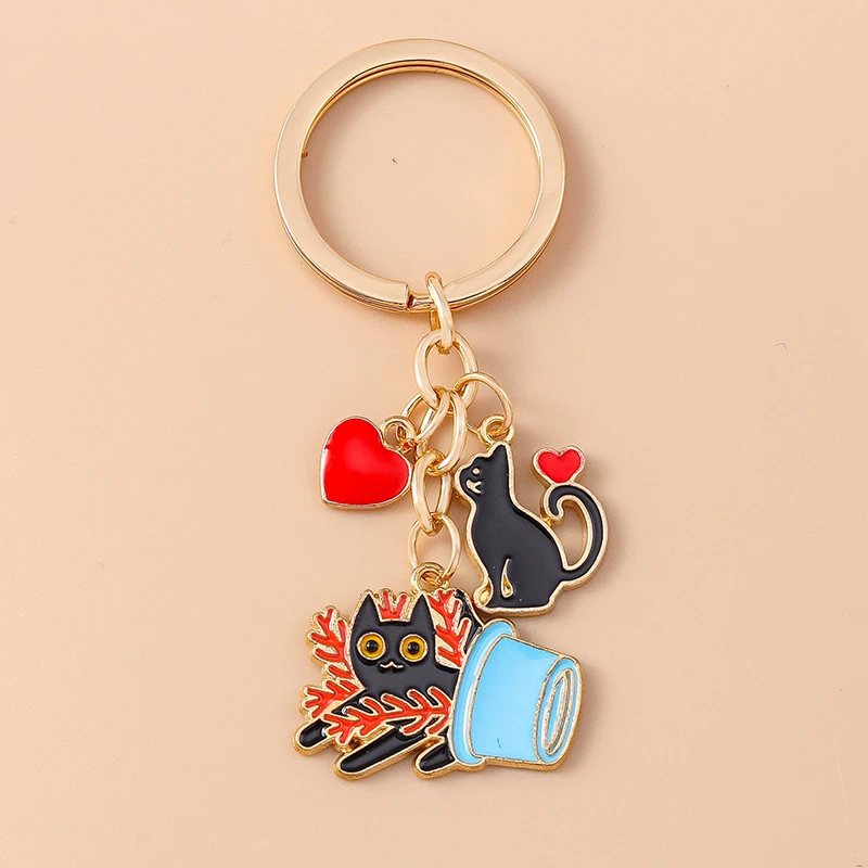 Cute Enamel Cartoon Cat Keychain Potted Plant Flower Key Ring for Women Girls Handbag Pendants DIY Handmade Jewelry Gift