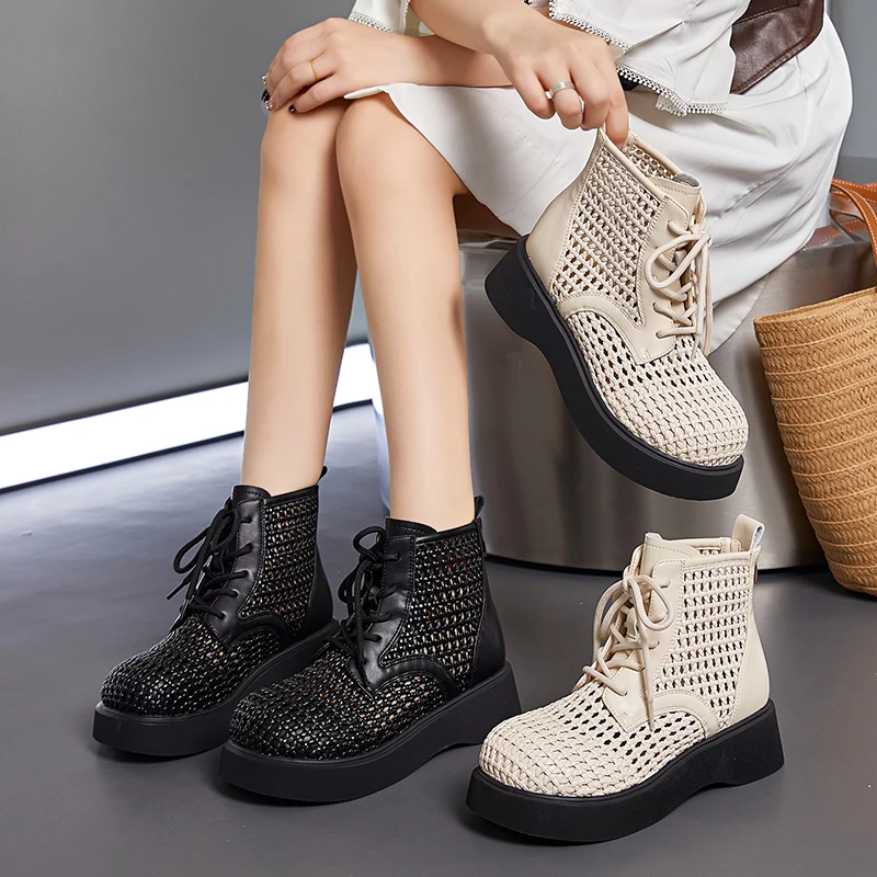 

DIMANYU Mesh Booties Women's Summer 2025 New Cut-Out Sandals Women's Lace-up Platform Breathable Wedge Women's Ankle Boots