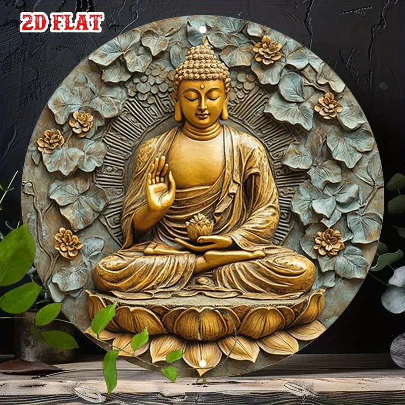 Buddha Meditierend Metall-Wandkunst, Runde Zen-Dekoration mit Lotus-Basis, Vintage Buddhistisches Zeichen für Wohnzimmer Schlafzimmer Terrasse Garten