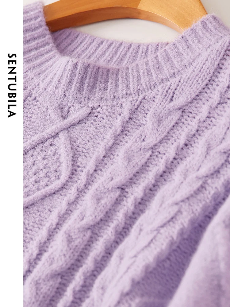 SENTUBILA Argyle Vintage Knitted Sweater 2024 Spring Purple Casual O-neck Long Sleeve Knit Top Straight Loose Jumper W34E52249