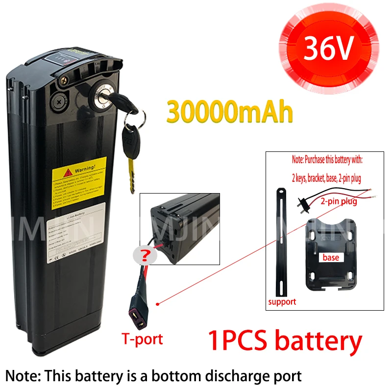 

36V 30AH Lithium for Silver Fish Ebike Batterie 500W Electric Bike Bicycle Li-ion 18650 Battery Pack Bottom 2-pin discharge port