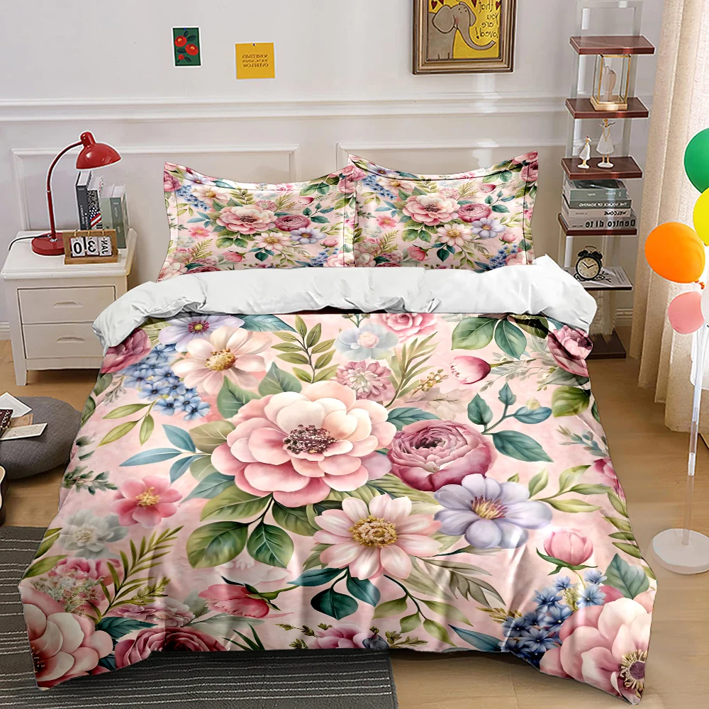 Multiple Sizes Beautiful Pink Floral Pattern Bedding Set 1Duvet Cover 2 Pillowcases for Adult and Children Luxury Gift Full Size
