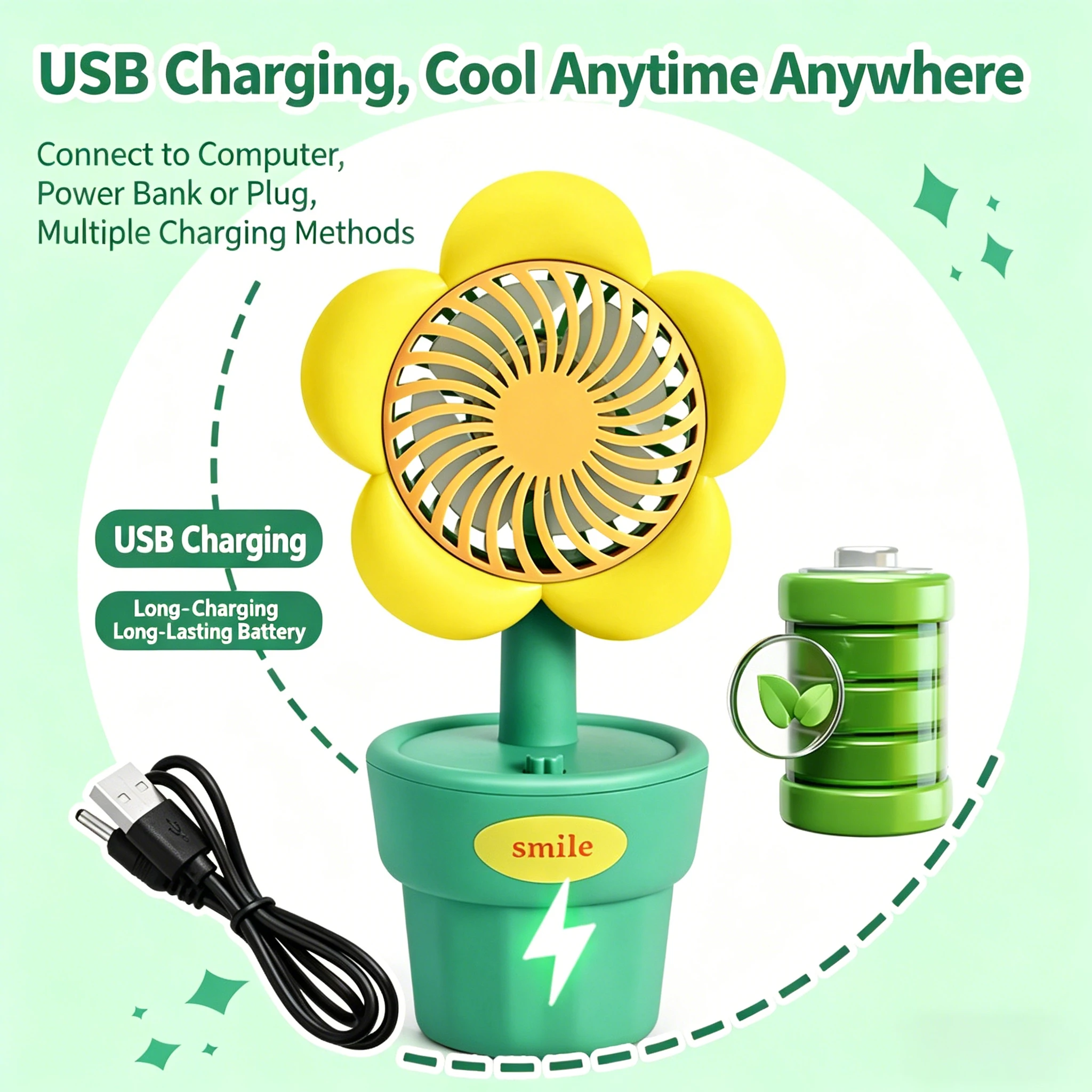 Sunflower Shape Mini Desk Fan USB Rechargeable Portable Cooling Fan Cartoon Cute Small Fan for Office Home Outdoor Children Kid