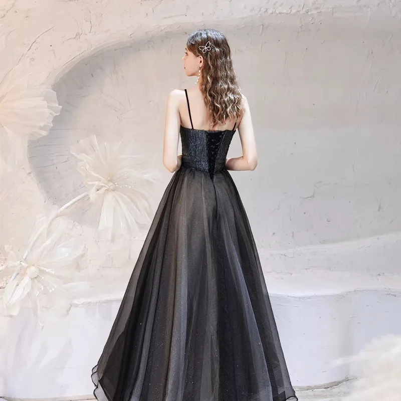 여성을위한 블랙 연회 이브닝 드레스 라이트 럭셔리 민소매 서스펜더 댄스 파티 드레스 우아한 아플리케 반짝 이는 생일 파티 드레스