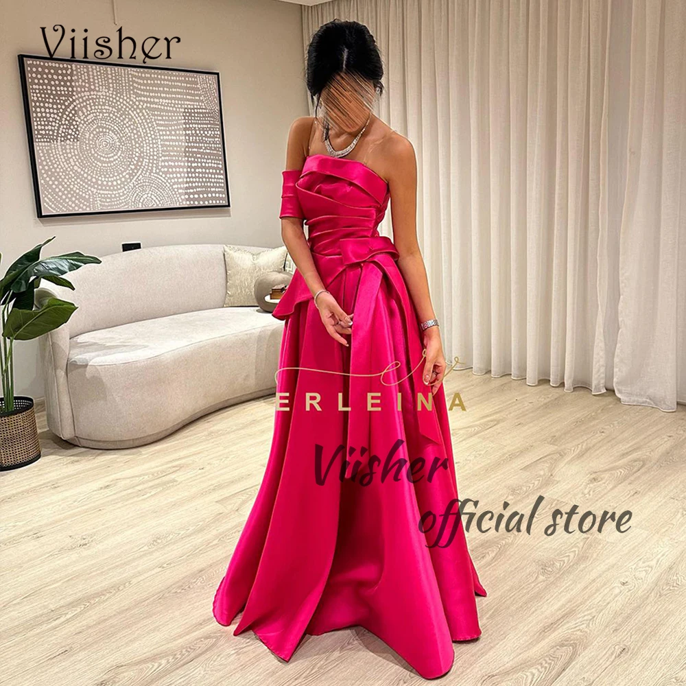 

Hot Pink Satin Evening Dresses One Shoulder Pleats Strapless A Line Formal Dress Floor Length Arabian Dubai Prom Party Gowns