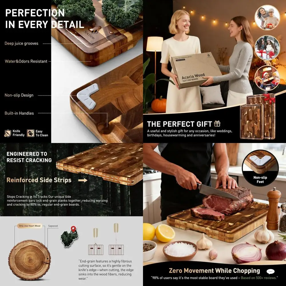 

Pair of Reversible Acacia Wood Cutting Boards with Juice Grooves, Handles, and Non-Slip Feet, Eco-Friendly Kitchen Chopping Bloc