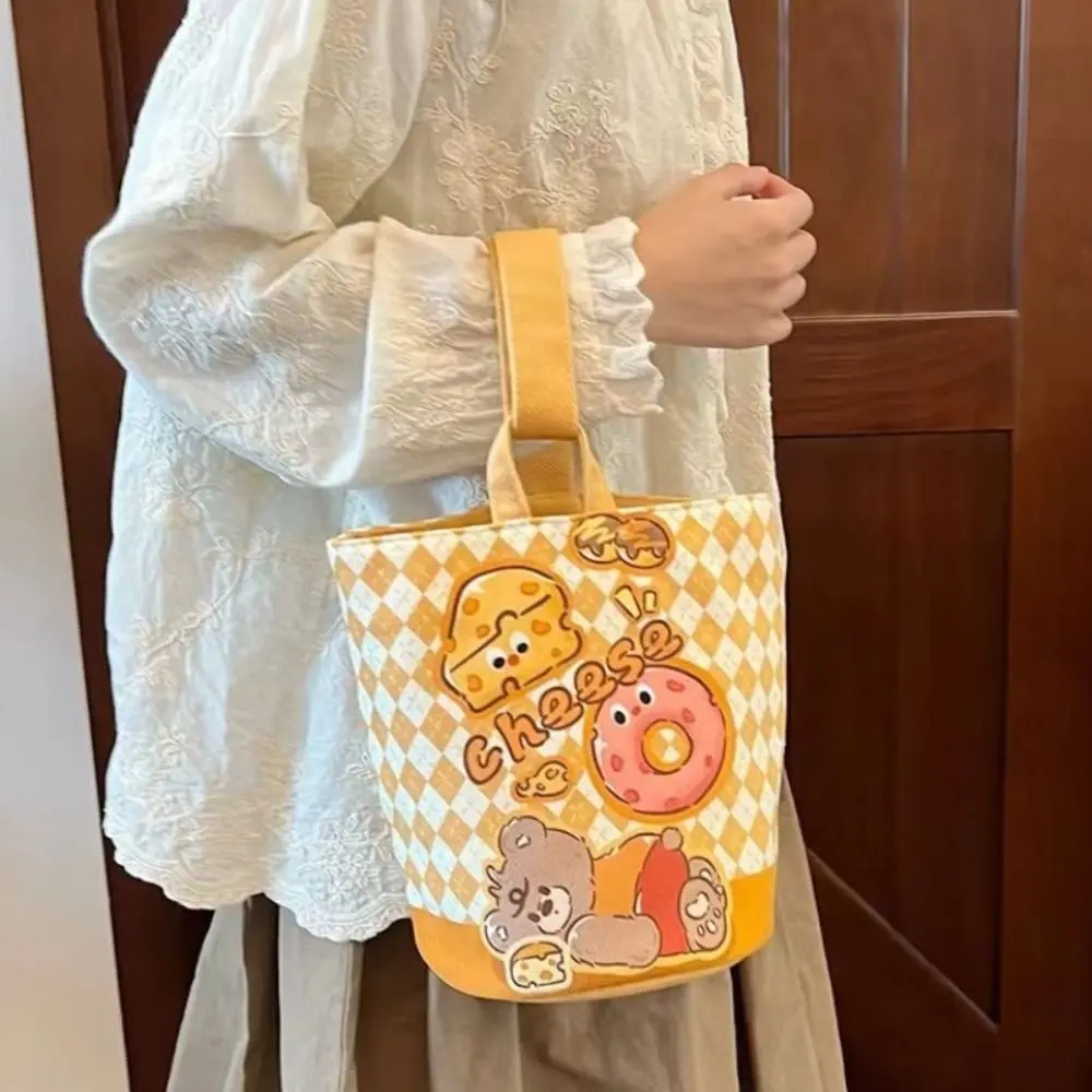 Large Capacity Cartoon Canvas Bag Elegant Korean Style Cartoon Canvas Bucket Bag Shoulder Bag Tote Bag Canvas Handbag Student