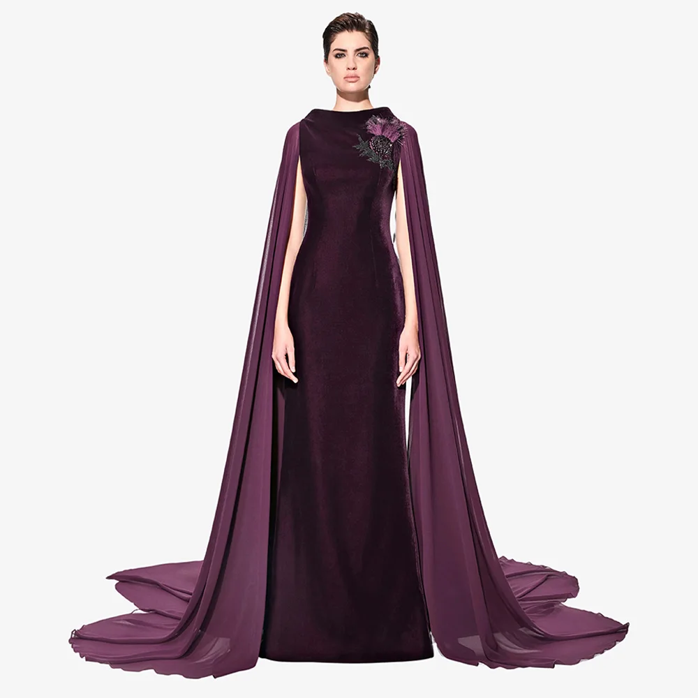 فستان حفلة موسيقية أرجواني ساحر مخصص برقبة سكوب شيفون كيب مطرز بالريش طول الأرض فستان سهرة عربي للحفلات #4