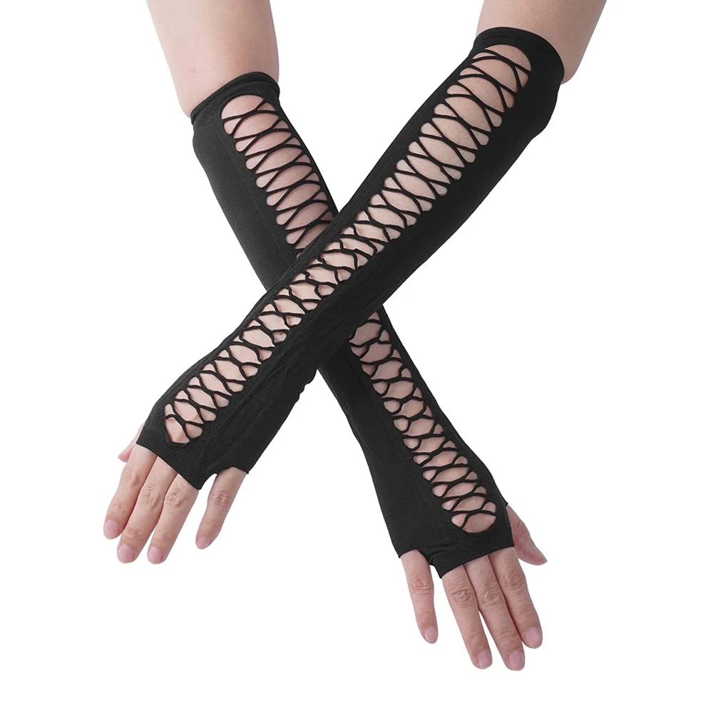 

Women Black Arm Sleeves Half Finger Long Gloves Hollowed Cosplay Nightclub Dance Performance Clothing Accessories