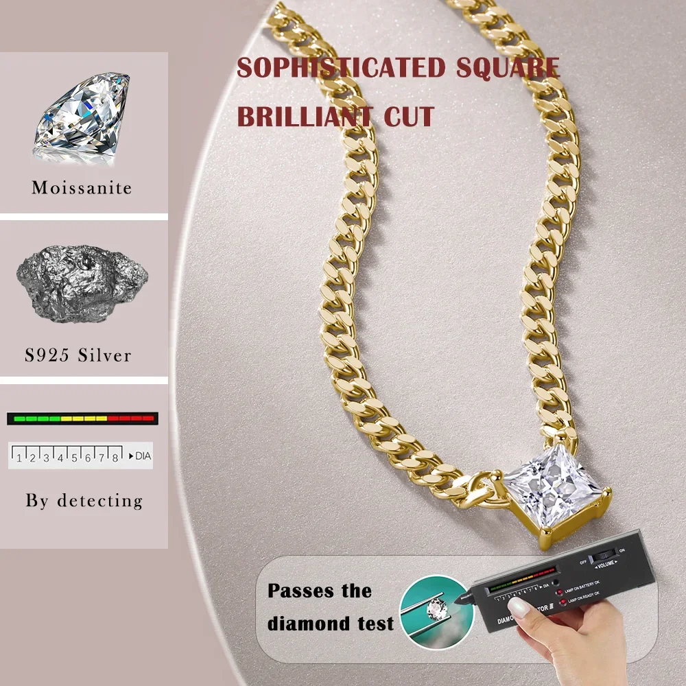 0.9ct Square Cut Moissanite Pendant on Gold-Plated Cuban Chain - Luxurious S925 Silver Necklace for Women with Bold Style
