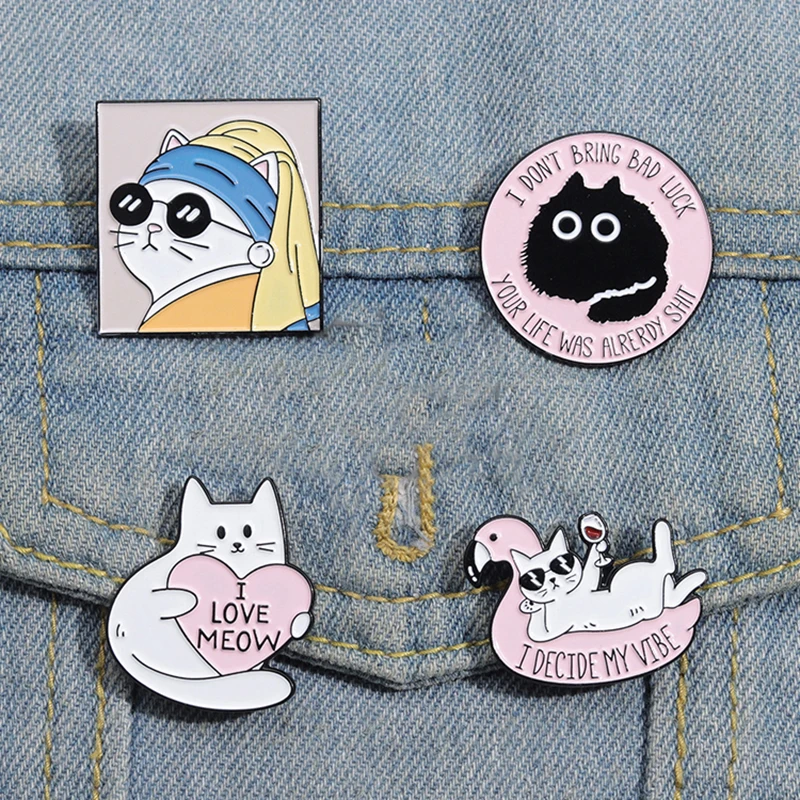 I Love Meow Enamel Pins Custom Oil Painting Good Vibe Brooches Lapel Badges Cartoon Animal Fun Jewelry Gift Friends