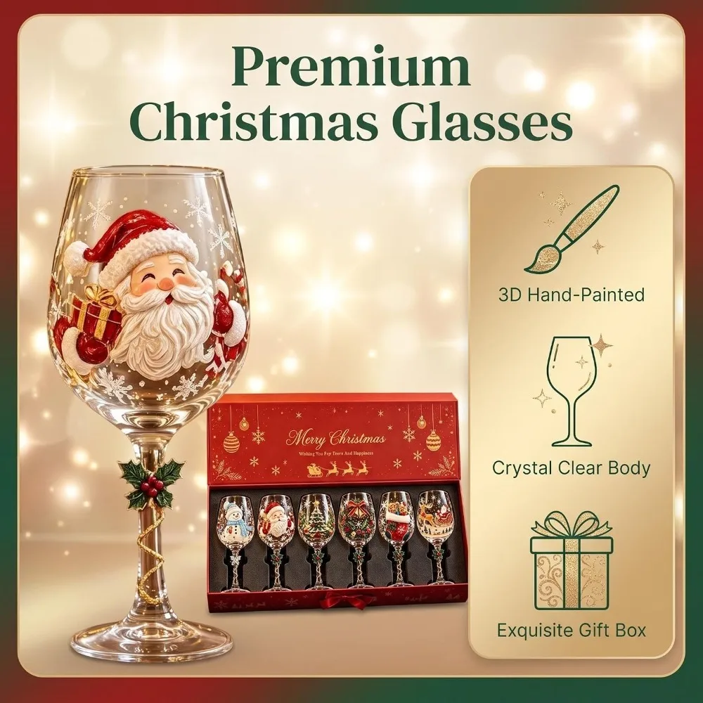 210ML/7.1OZ Christmas Wine Glasses - Holiday Stemmed Wine Goblets Santa Snowman Christmas Tree Reindeer Designs Christmas Gifts