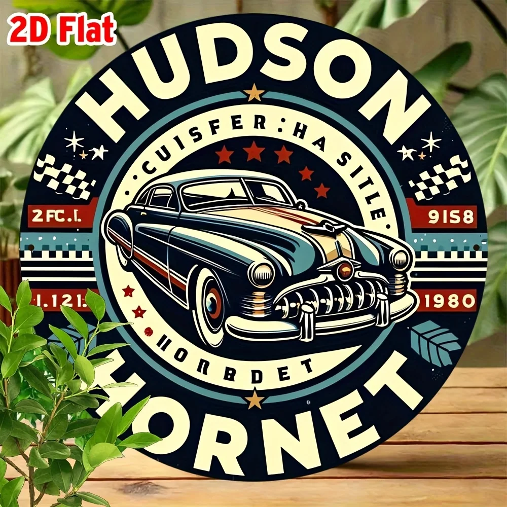 2D Flat 1pc, Vintage Hudson Hornet Round Tin Sign - Durable Aluminum Wall Art for Home, Garden, Restaurant & Holiday Decor, Perf