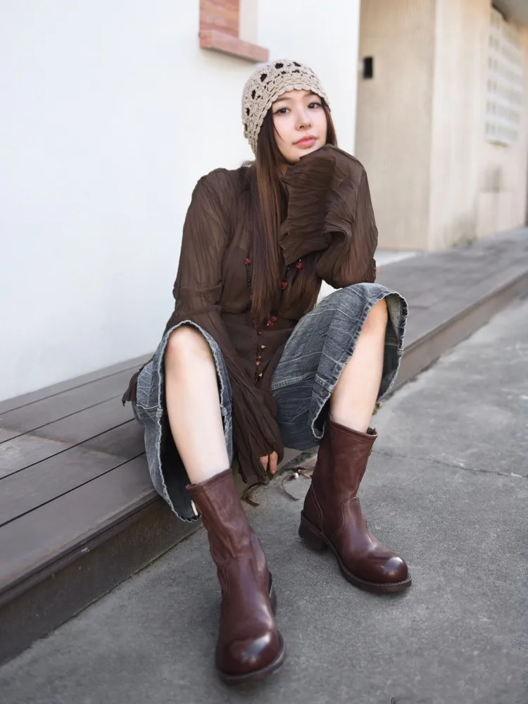 Women Vintage Cowhide Genuine Leather Boots High Quality Handmade Shoes Slip On Casual Spring Autumn Ladies Cowboy Short Boots