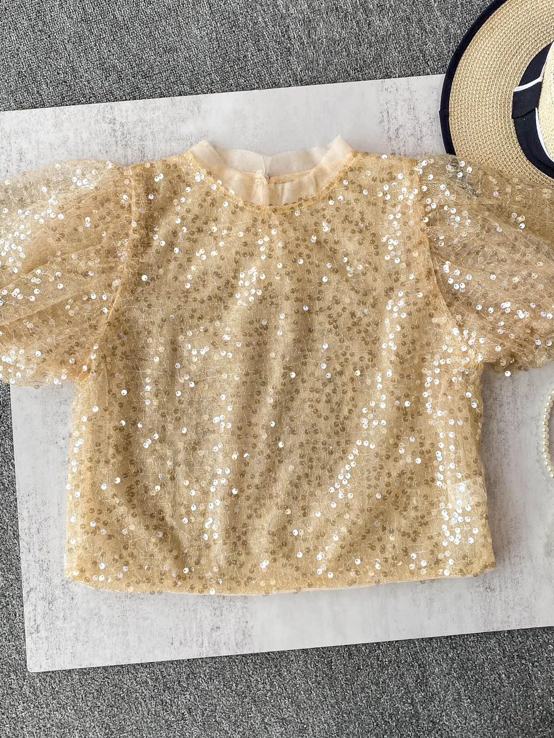 

iny Sequin Bubble Sve T-irt Women's Summer Slim Fit ort round Ne Lace Top Heavy Embroidery Faion Sensation