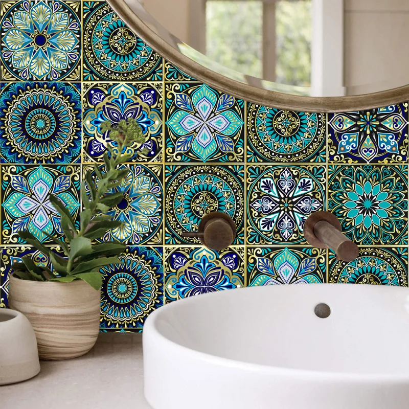 Adesivo de azulejo com padrão de mandala, adesivo de parede colorido fosco, decoração de casa para cozinha, sala de estar, banheiro, armário de mesa com 10 peças