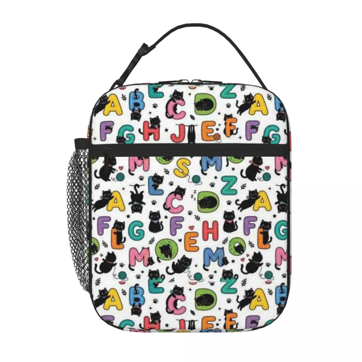 Bestselling Cute Cats Hanging From Letters Pattern Playful Alphabet Design Style Reusable Lunch Bag High School Travel Lunch Bag