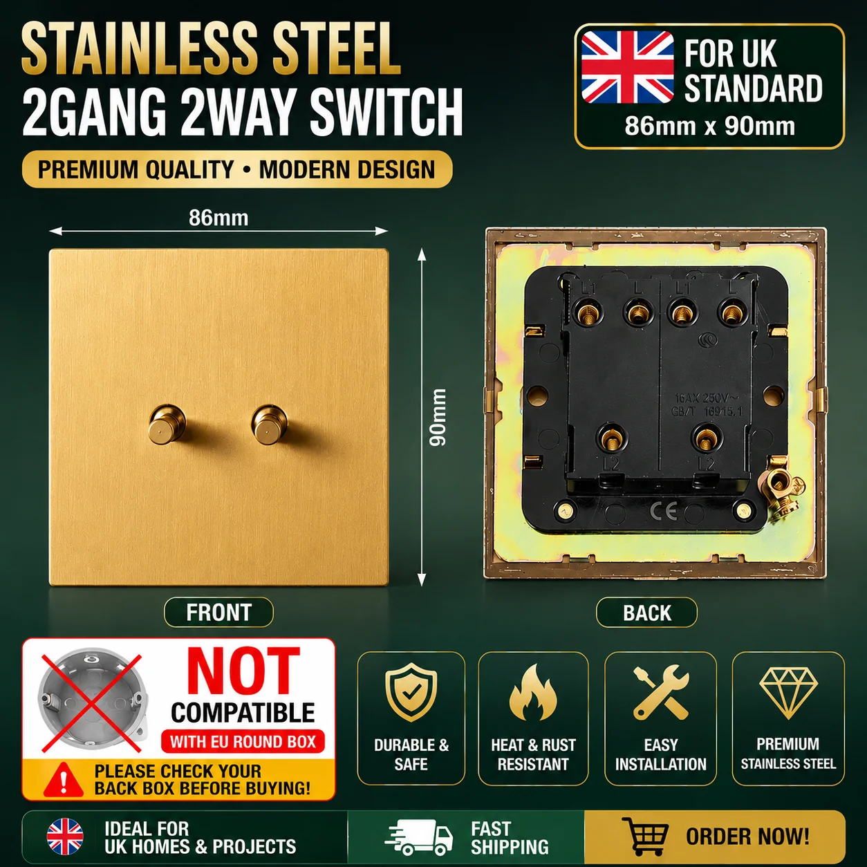 Gold Brushed Stainless Steel Metal Toggle Wall Light Switch EU FR UK Power Socket Middle Switch CAT6 USB AC110-250V 86mm Switch