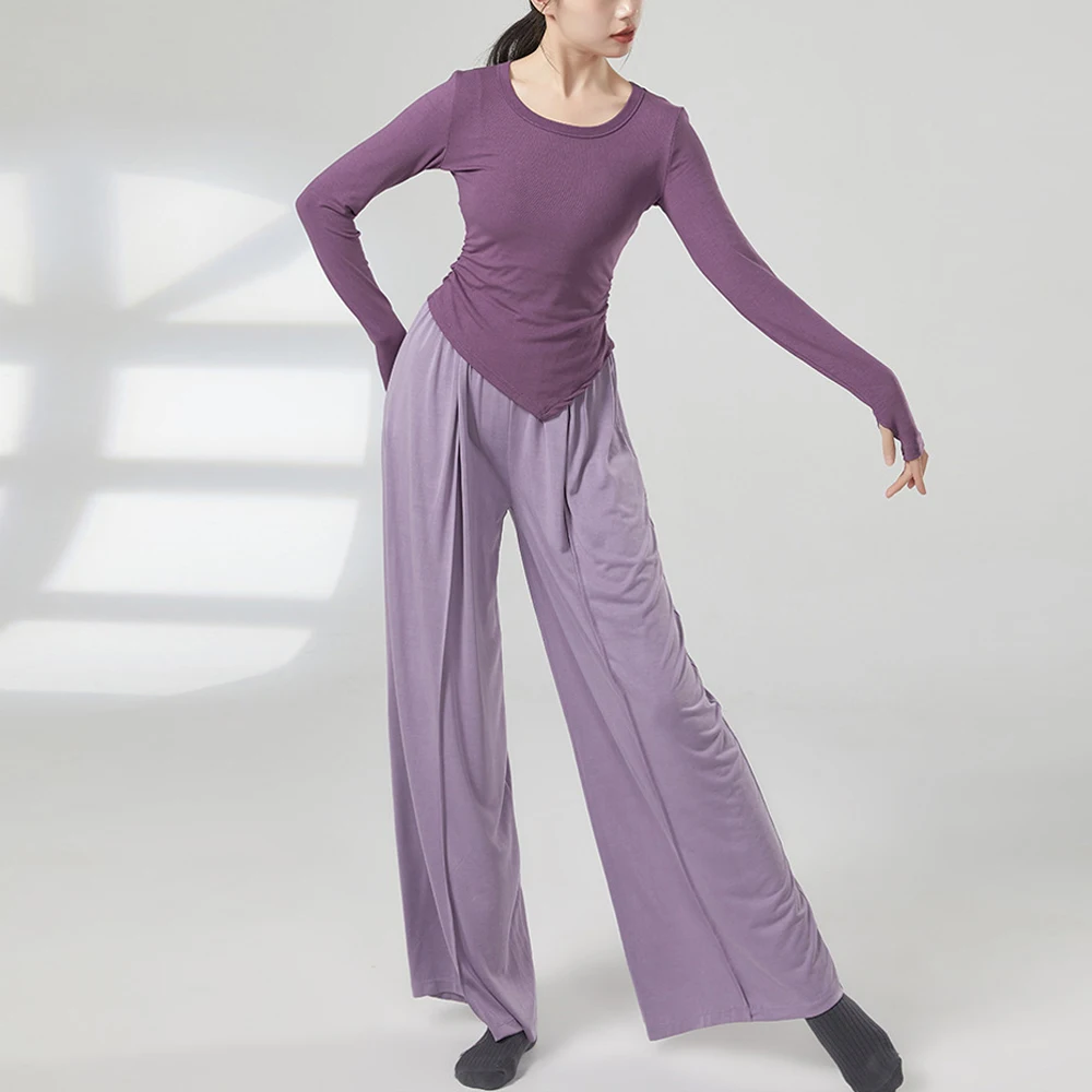 

Modern Dance Practice T Shirt Women Clothing Sporty O Neck Full Sleeve Aesthetic Top Gym Yoga Slim Stretch Asymmetric Shirts Tee