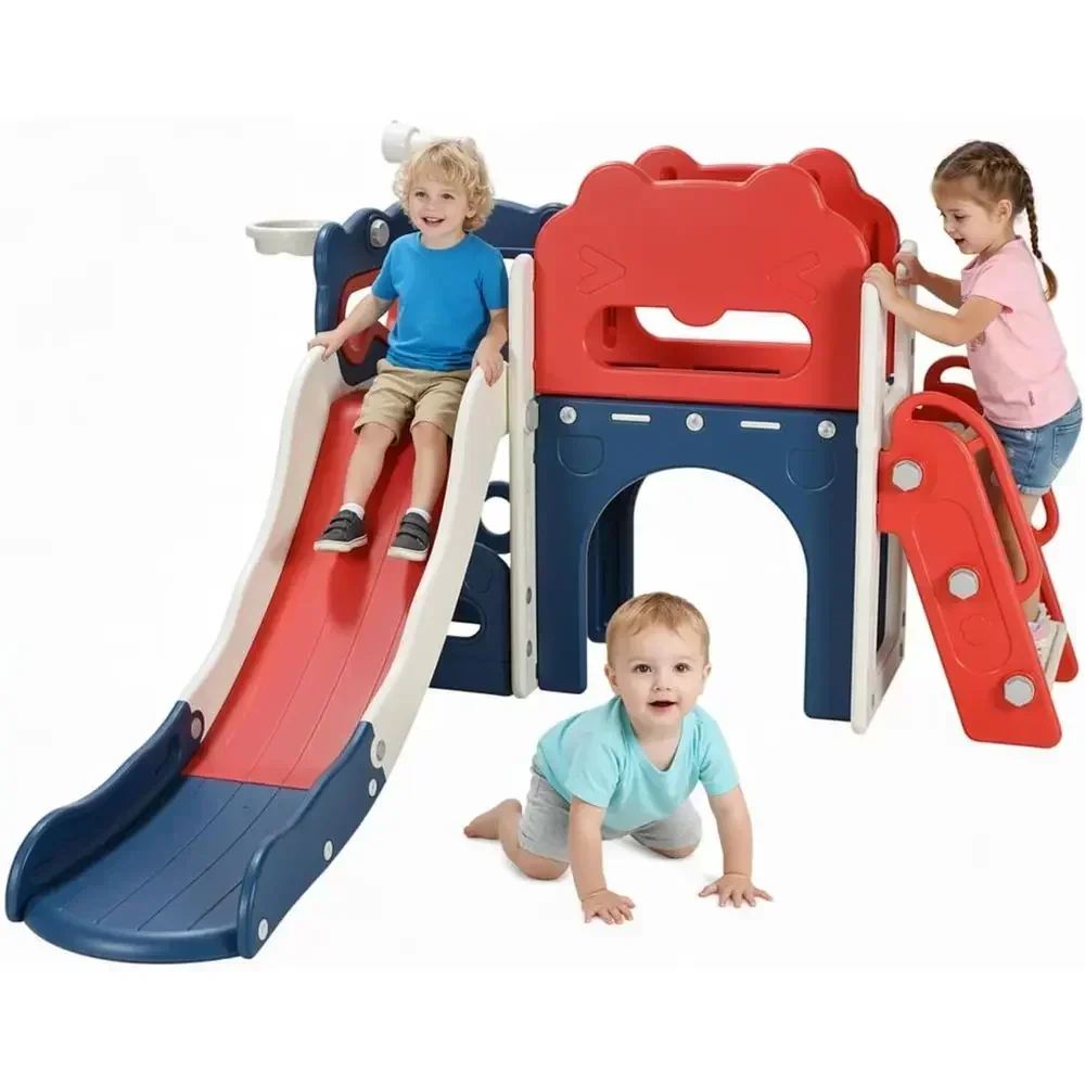 Toddler Slide Playset with Basketball, Tele, Storage, and Enclosed Steps - Red & Blue