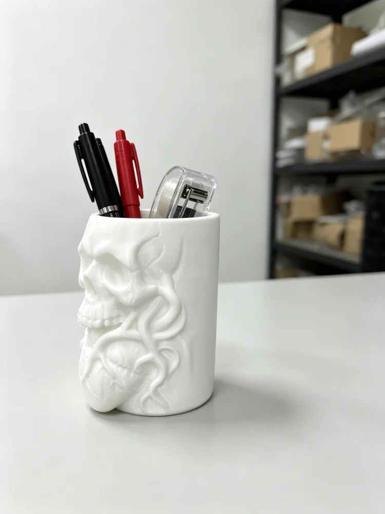 Skull Pen Holder with Gothic Style Skeleton Heart Relief, Petg Matte White Sturdy Hard Plastic Desktop Pen Cup, Anatomical Heart Spooky Skeleton Relief Pen Holder, Desktop Pen Storage Box, Desktop Organizer, Can Hold Fountain Pens, Pencils, Markers, Scissors, Small Stationery Items, Home Office Study Desk Organizer, Dark Aesthetic Desktop Decoration, Halloween Decoration, Unique Office Gift, Quirky Atmosphere Desktop Accessory