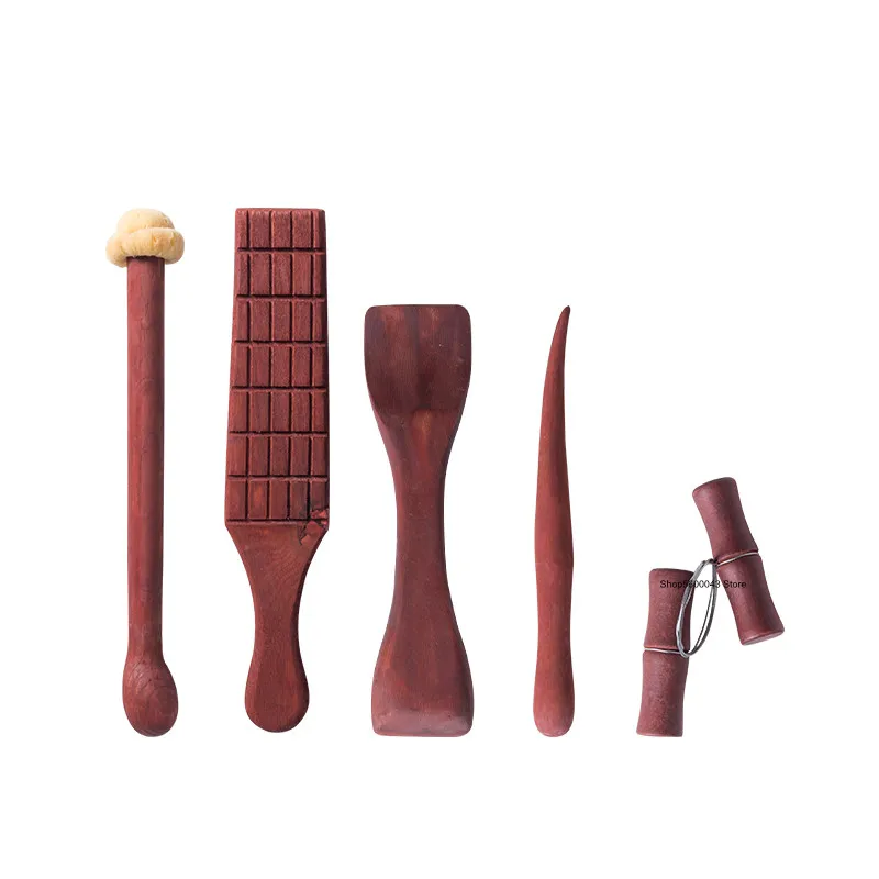 Ensemble d'outils de fabrication de théière en acajou, Pot en argile violet de poterie, outils faits à la main, Pot de poterie, outils de modélisation, bricolage, 5 pièces