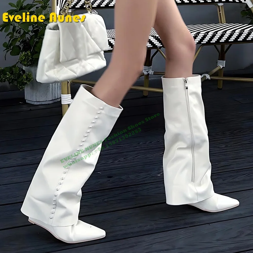 

Black Pearl Wedges Luxury Sleeve Boots Pointed Toe Patchwork Spicy Girl Elegant Party Knee High Boots Street Style 2024 Trend