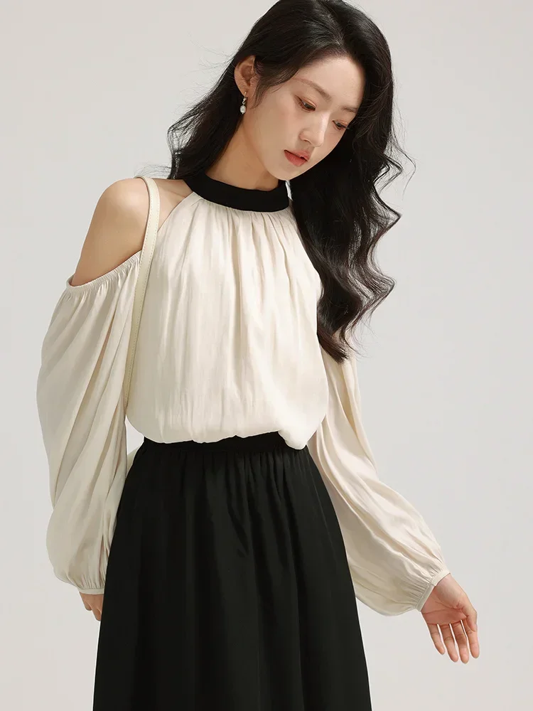 

Women French-inspired Off-the-shoulder Chiffon Blouse Patchwork Puff Long Sleeved Romantic Ruffled Blouses Petite-friendly