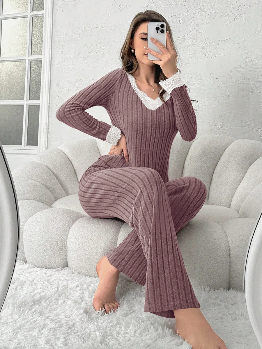 Women\'s Pajama Set Solid Pit Strip Sleepwear Lace V-neck Long Sleeves Tops Trousers Suit Elegant Casual Home Loungewear Nighties