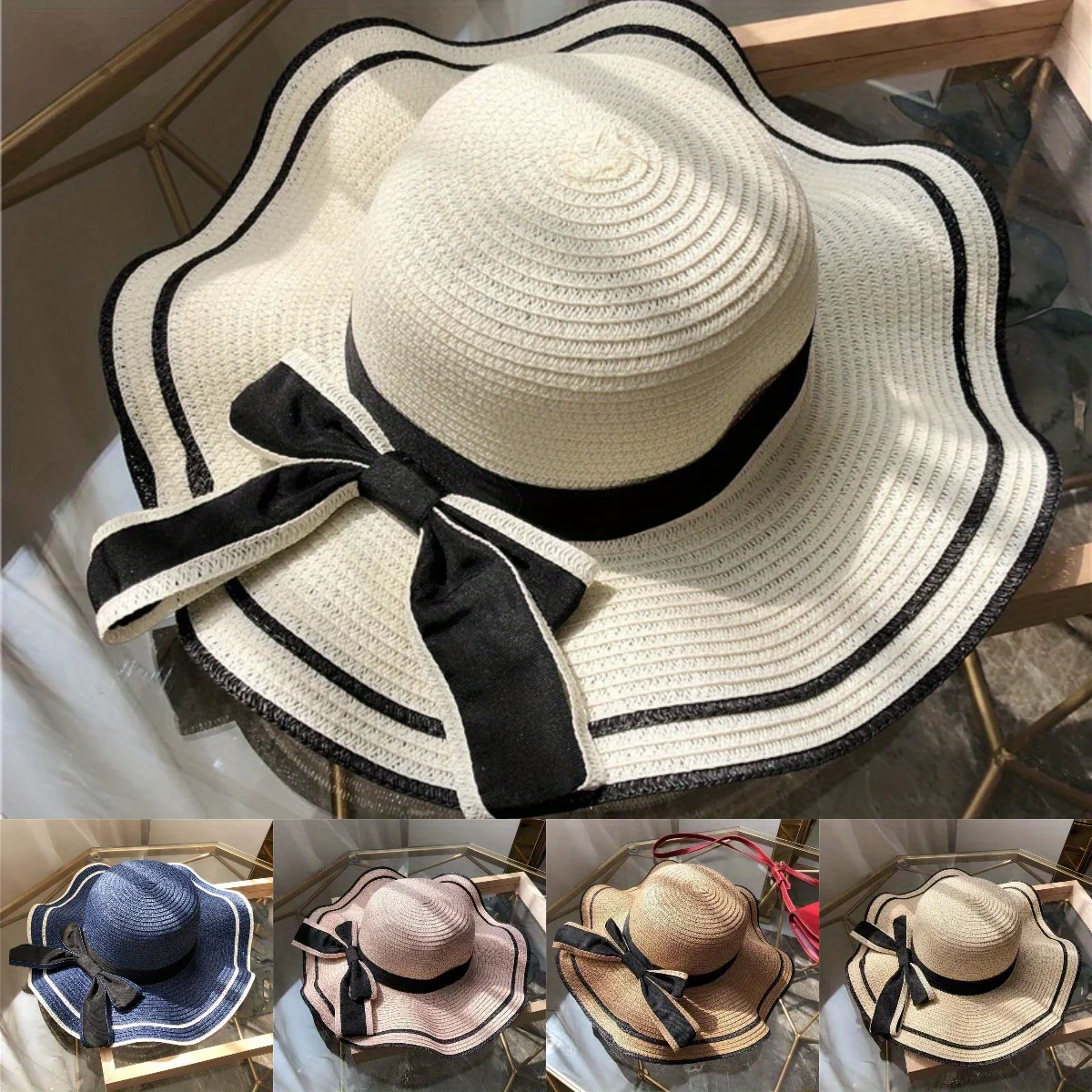 Straw Spring Summer Wave Bow Bucket Hat Women Girls Cap Beach Seaside Sunscreen Big Brim Fisherman Hat Travel Holiday Sun Hat