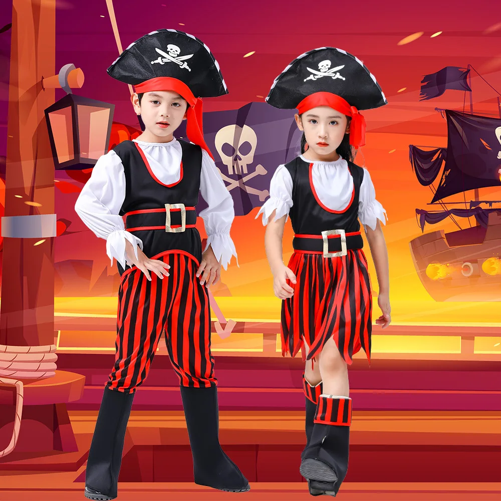 Caribbean Pirate Costume for Kids Halloween Party Dress Up Outfit New Year Stage Show