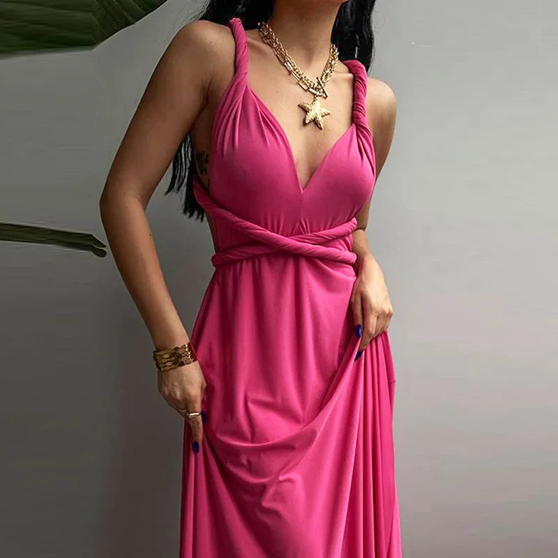 2023 Elegant Women Backless Deep V-neck Summer Sundress Solid Cocktail Female Dress Sexy Draped Twisted Sling Off Shoulder Dress